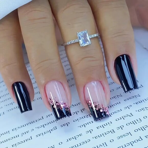 24 Nails Press On Style Black Pink Glitter Glam Sexy Ballet Square Vacation - Picture 1 of 4